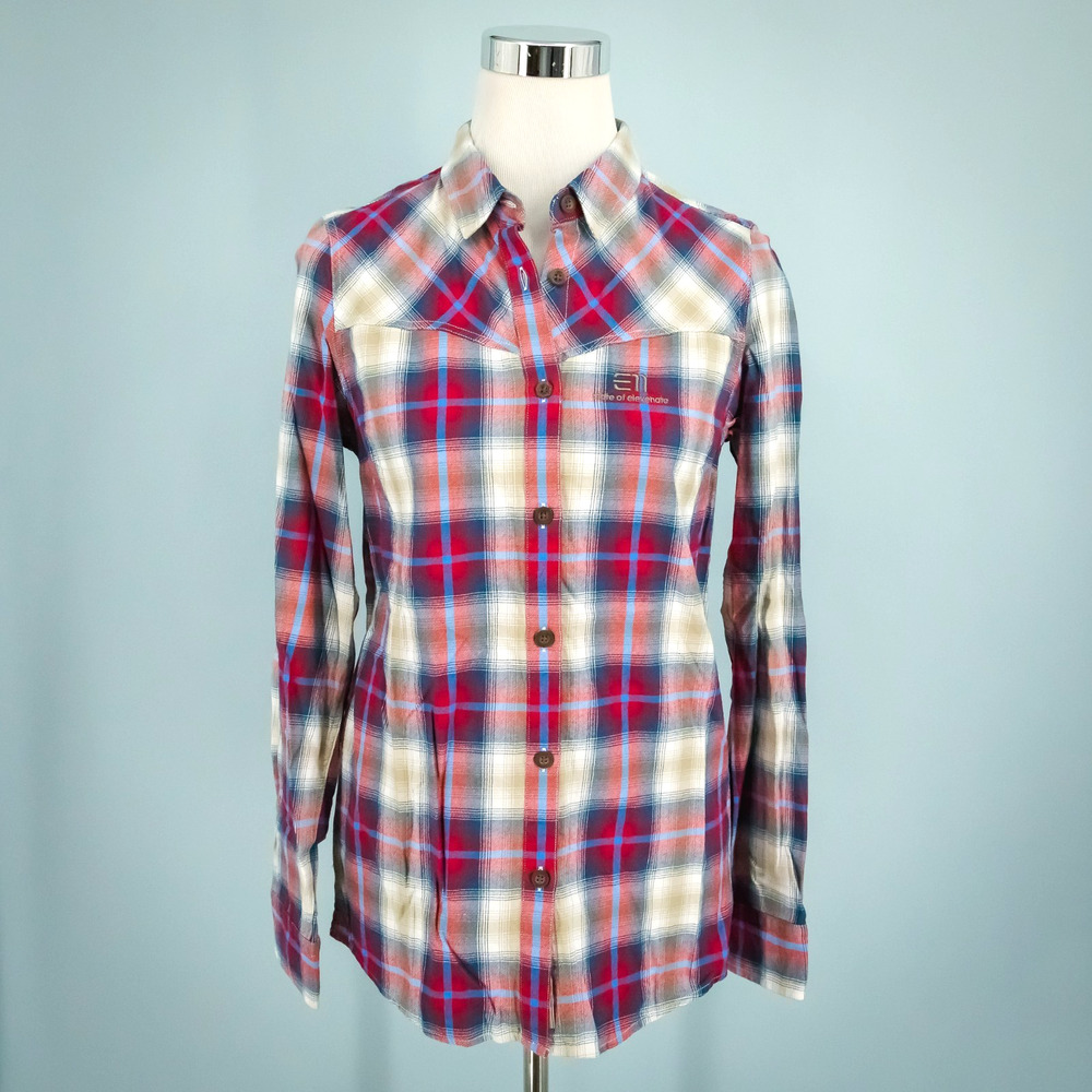 State of Elevenate Size Small S Red Blue Plaid Print Cham Button Long Sleeve Top